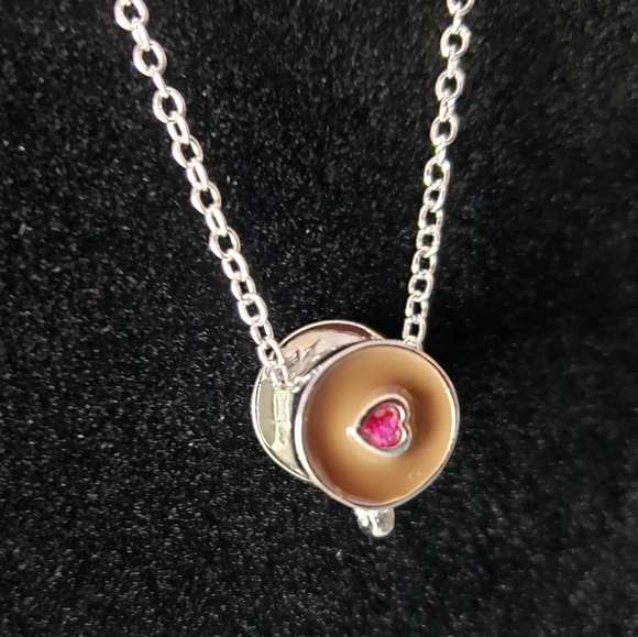 925 Sterling Silver Coffee Cup Pink Zircon Heart - Picture 2 of 8